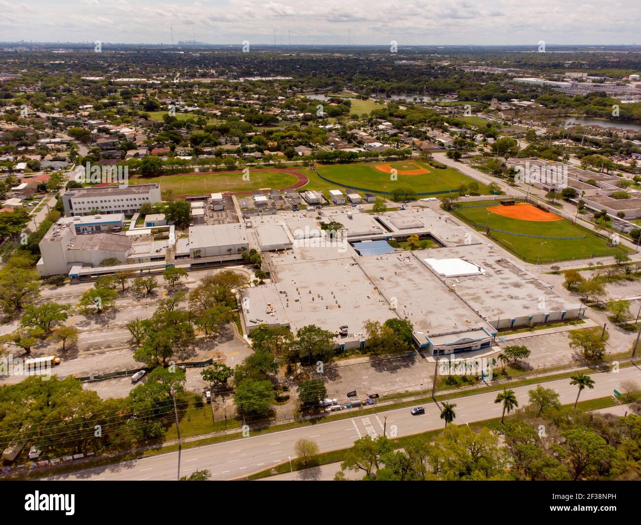 Aerial view of Hollywood Hills High campus showing buildings, track, baseball and athletic fields